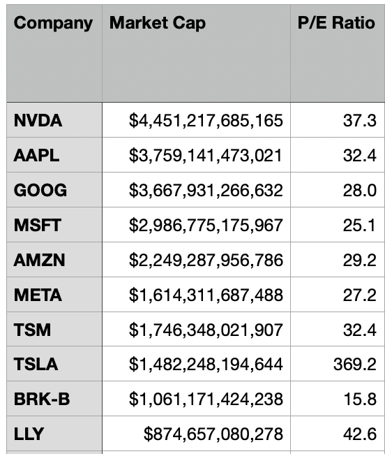 Table displaying market capitalization and P/E ratios for various companies including NVDA, AAPL, GOOG, MSFT, AMZN, META, TSM, TSLA, BRK-B, and LLY.